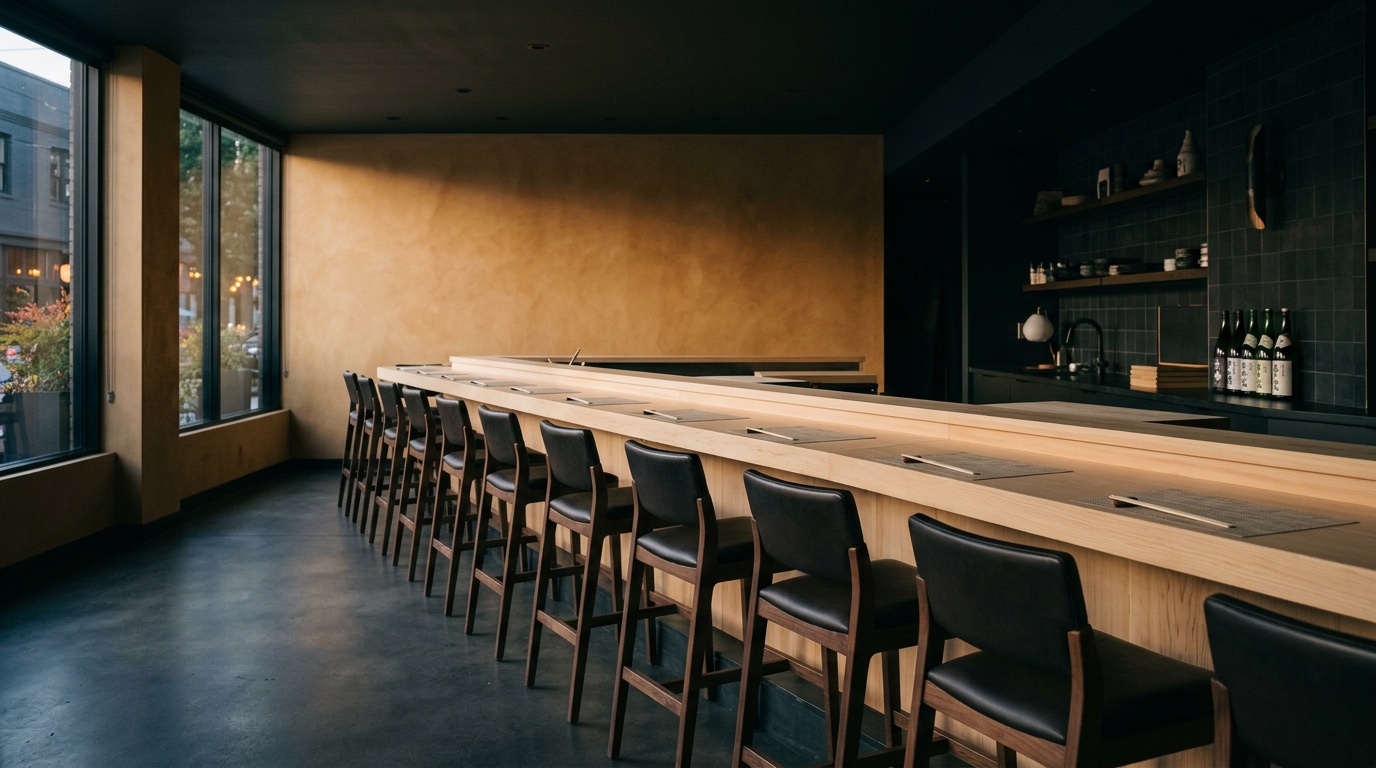The cedar sushi counter in warm light